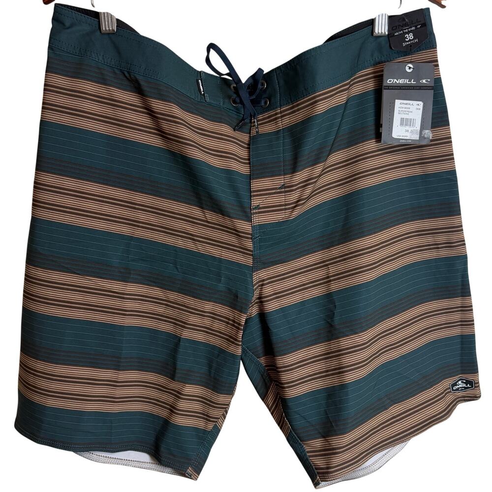 O'neill Men Board Shorts Size 38 Superfreak Stretch Brown Green Stripe New